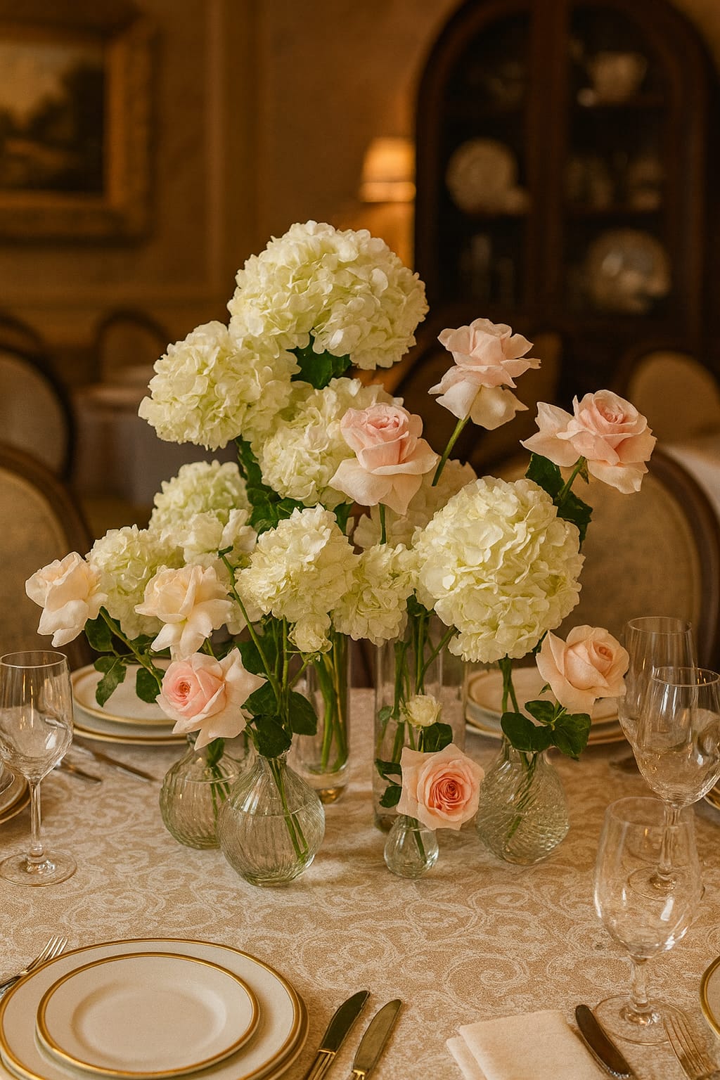 Luxury bud vase collection with white hydrangeas and blush roses on an elegant dining table in London