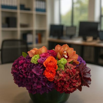 Luxury warm-tone flower arrangement in low vase – Bernard Rochet London