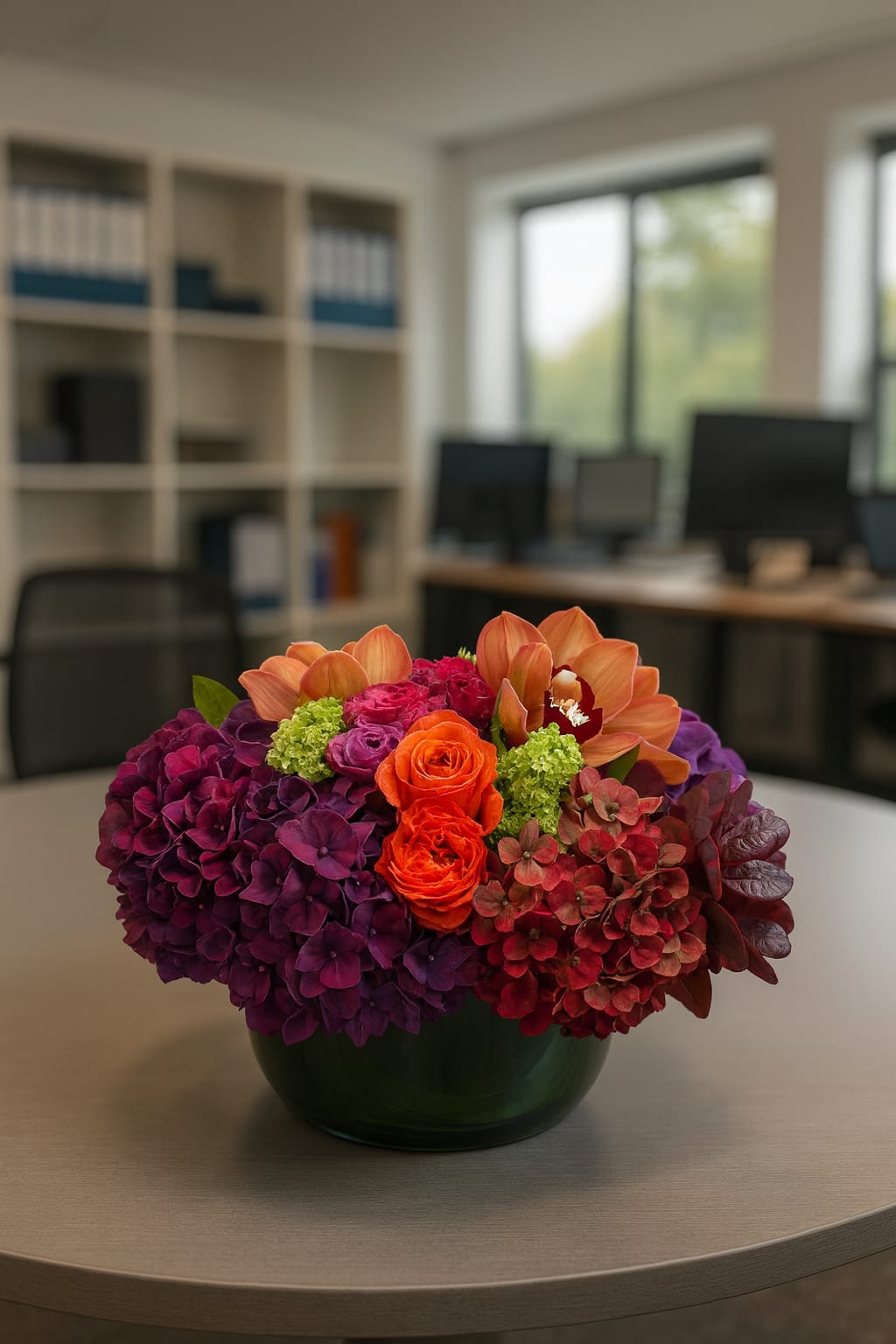 Luxury warm-tone flower arrangement in low vase – Bernard Rochet London
