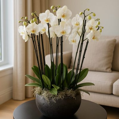 Luxury white orchid arrangement in a black planter